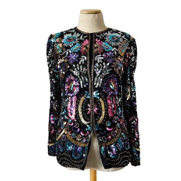 Vtg Lawrence Kazar New York Sequin Embellished Floral Colorful Sequin Jacket - Picture 2 of 16
